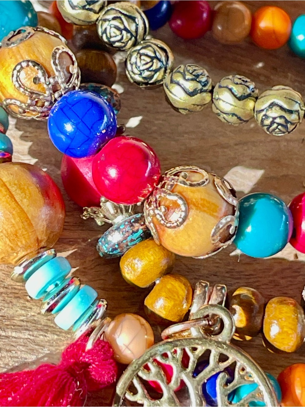 Handcrafted Colorful Beaded Bracelet Stack with Red Tassel & Tree of Life Chatms - Picture 4 of 4